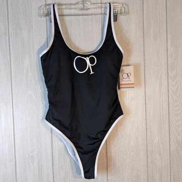 OP Ocean Pacific Scoop Neck One Piece Classic Swim Suit Black White SZ L NWT - Picture 2 of 8
